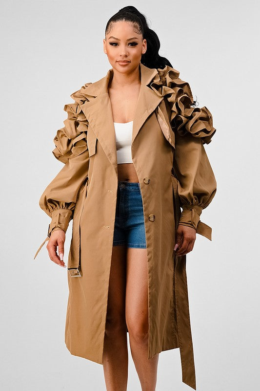 Ruffle Sleeve Long Trench Coat | Chic & Stylish Outerwear