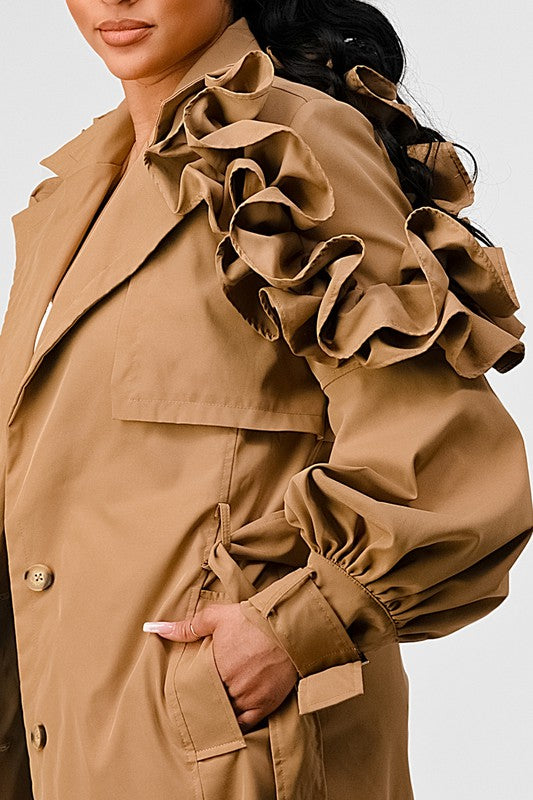 Ruffle Sleeve Long Trench Coat | Chic & Stylish Outerwear