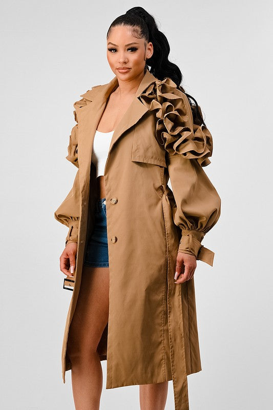 Ruffle Sleeve Long Trench Coat | Chic & Stylish Outerwear