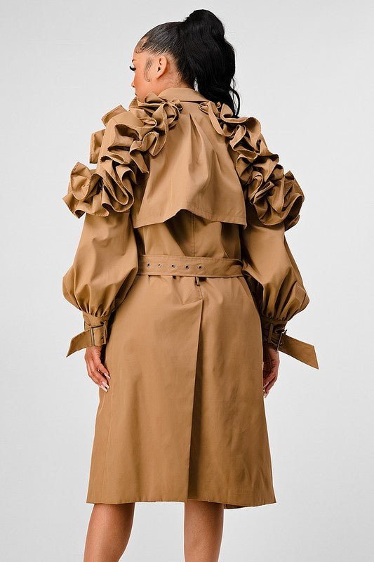 Ruffle Sleeve Long Trench Coat | Chic & Stylish Outerwear