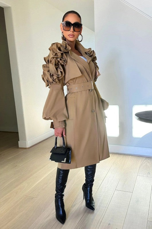 Ruffle Sleeve Long Trench Coat | Chic & Stylish Outerwear