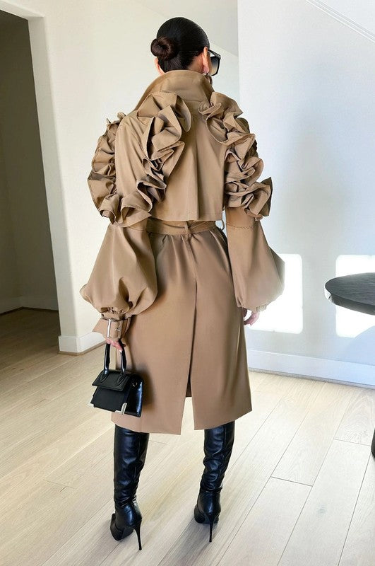 Ruffle Sleeve Long Trench Coat | Chic & Stylish Outerwear