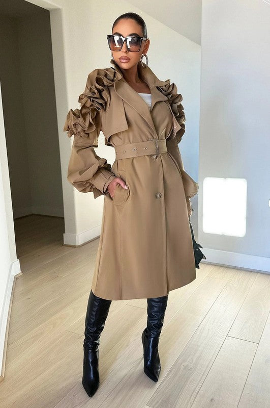 Ruffle Sleeve Long Trench Coat | Chic & Stylish Outerwear