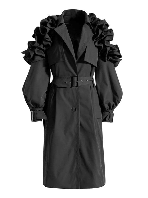 Ruffle Sleeve Long Trench Coat | Chic & Stylish Outerwear